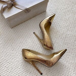 Jimmy Choo Anouk Metallic Gold Lizard Print Leather Size 37
